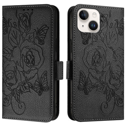 ELECTROPRIME For iPhone 15 Plus Embossed Rose RFID Anti-theft Leather Phone Case(Black)
