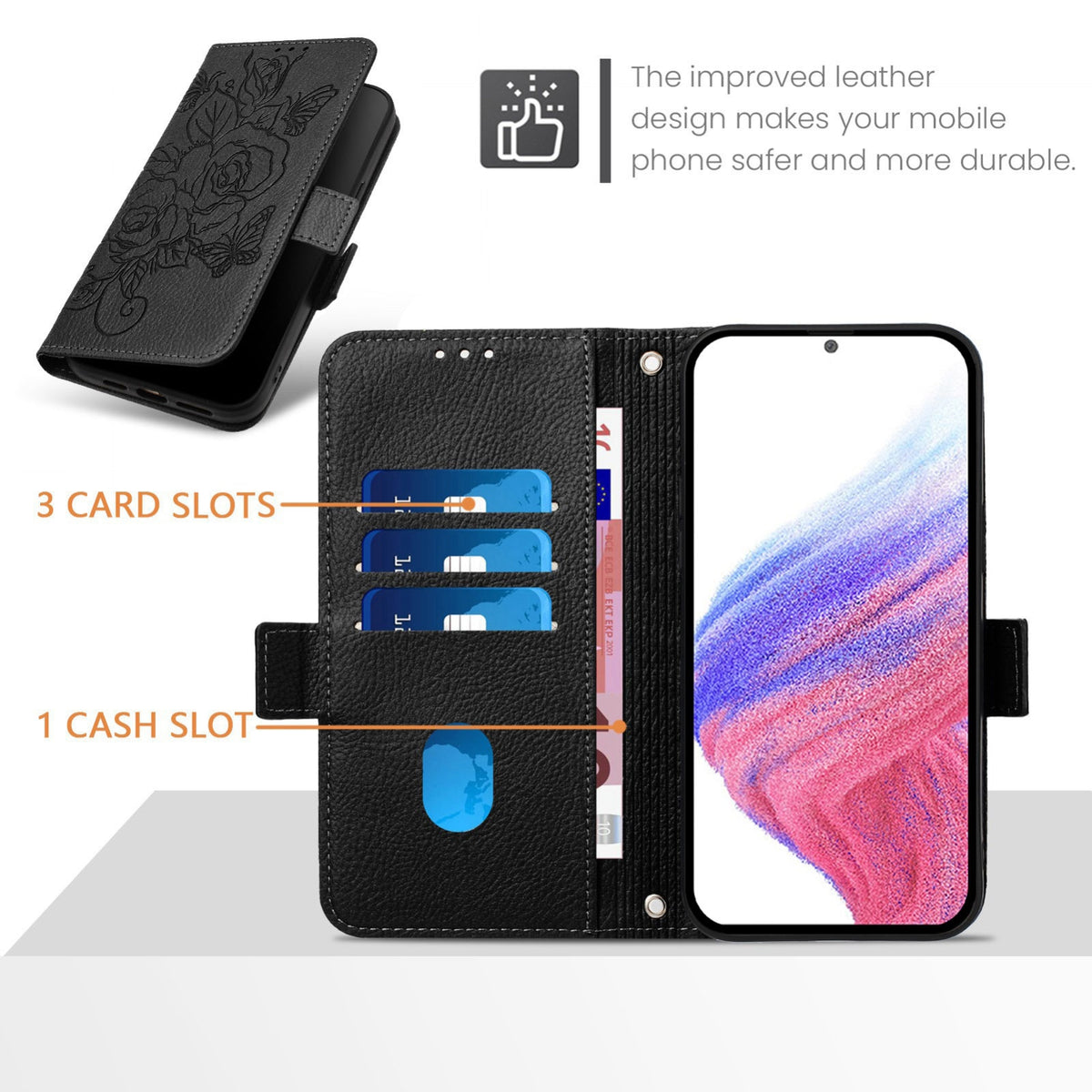 ELECTROPRIME For iPhone 15 Plus Embossed Rose RFID Anti-theft Leather Phone Case(Black)
