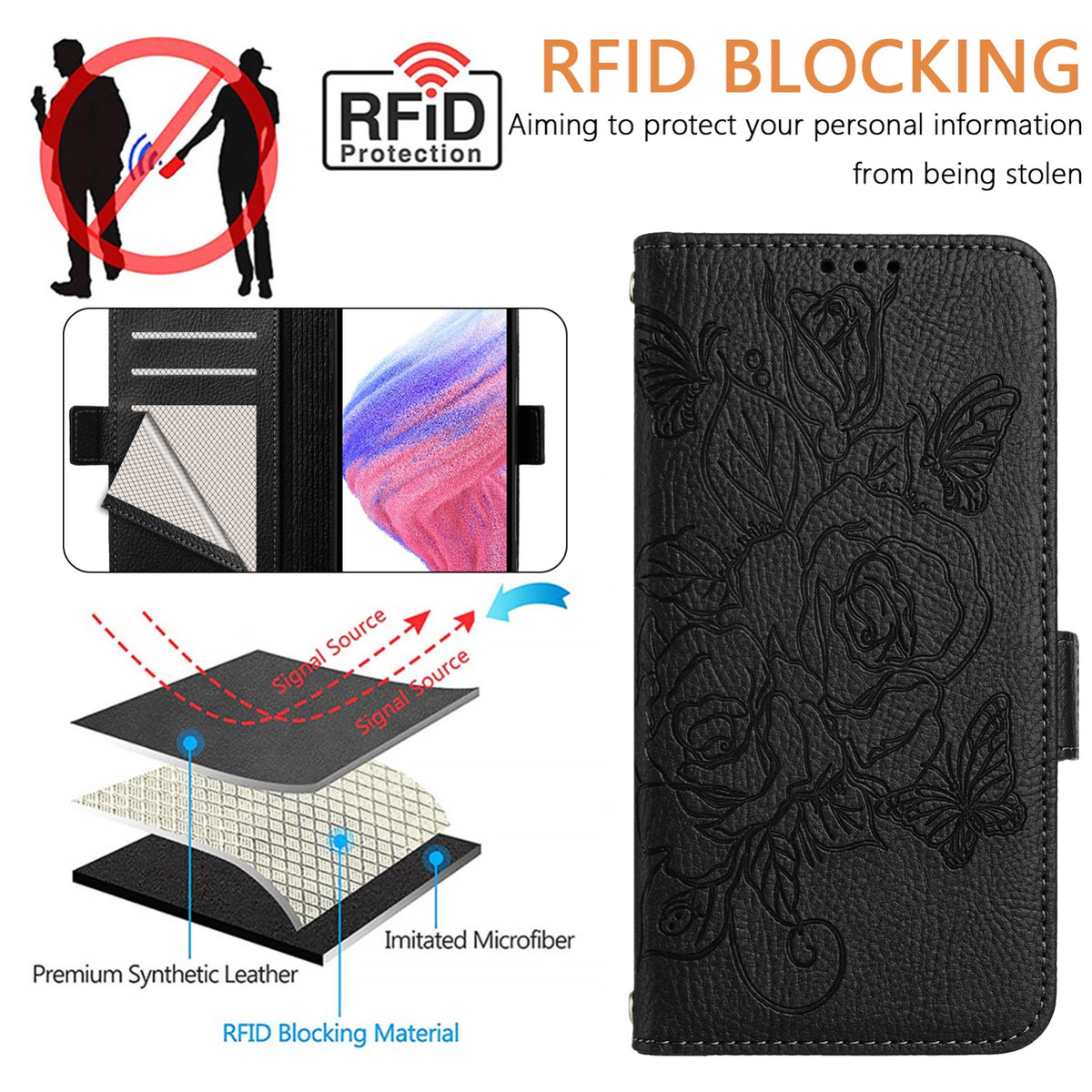 ELECTROPRIME For iPhone 15 Plus Embossed Rose RFID Anti-theft Leather Phone Case(Black)