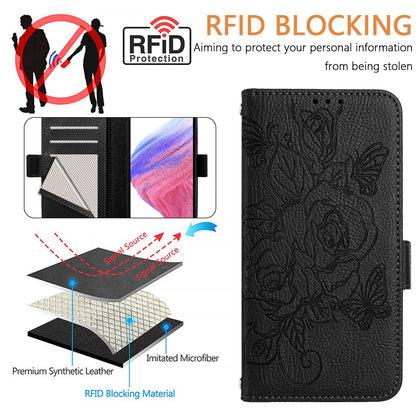 ELECTROPRIME For iPhone 15 Plus Embossed Rose RFID Anti-theft Leather Phone Case(Black)