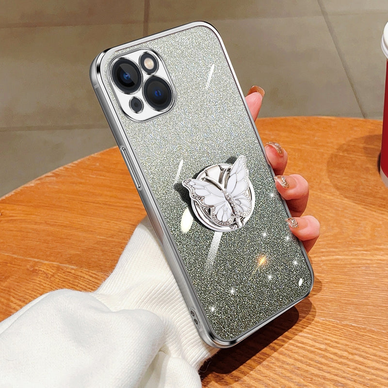 ELECTROPRIME For iPhone 15 Plus Plated Gradient Glitter Butterfly Holder TPU Phone Case(Silver)