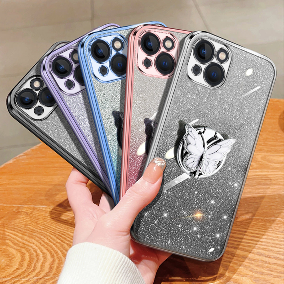 ELECTROPRIME For iPhone 15 Plus Plated Gradient Glitter Butterfly Holder TPU Phone Case(Silver)
