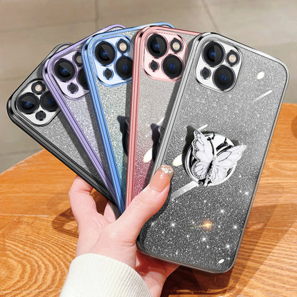 ELECTROPRIME For iPhone 15 Plus Plated Gradient Glitter Butterfly Holder TPU Phone Case(Silver)