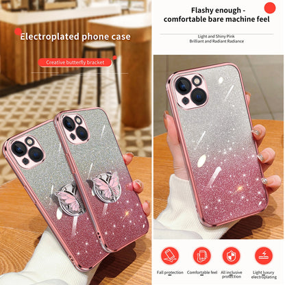 ELECTROPRIME For iPhone 15 Plus Plated Gradient Glitter Butterfly Holder TPU Phone Case(Silver)