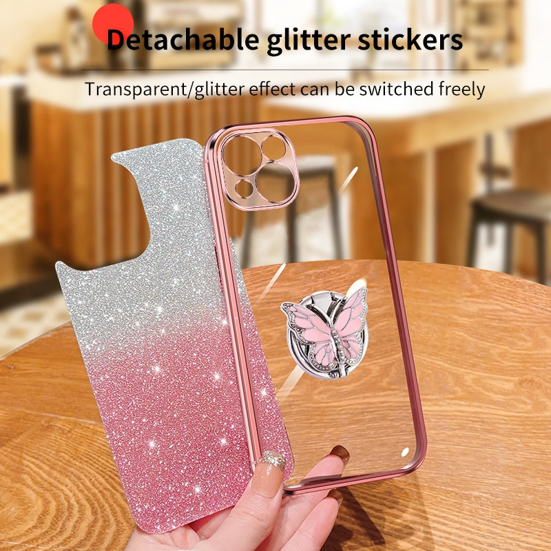 ELECTROPRIME For iPhone 15 Plus Plated Gradient Glitter Butterfly Holder TPU Phone Case(Silver)