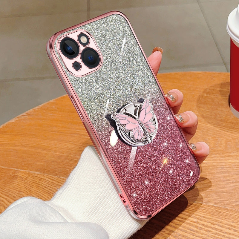 ELECTROPRIME For iPhone 15 Plated Gradient Glitter Butterfly Holder TPU Phone Case(Pink)
