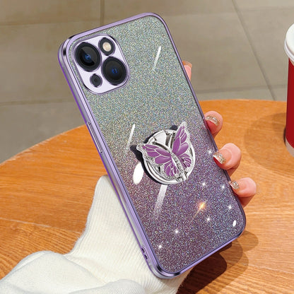 ELECTROPRIME For iPhone 15 Plated Gradient Glitter Butterfly Holder TPU Phone Case(Purple)
