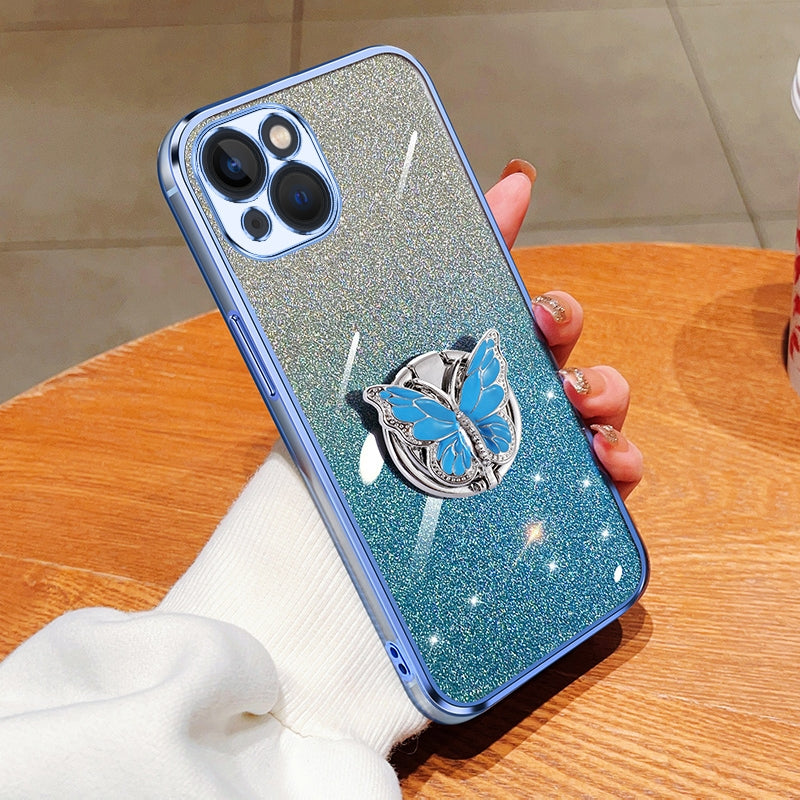ELECTROPRIME For iPhone 15 Plated Gradient Glitter Butterfly Holder TPU Phone Case(Sierra Blue)