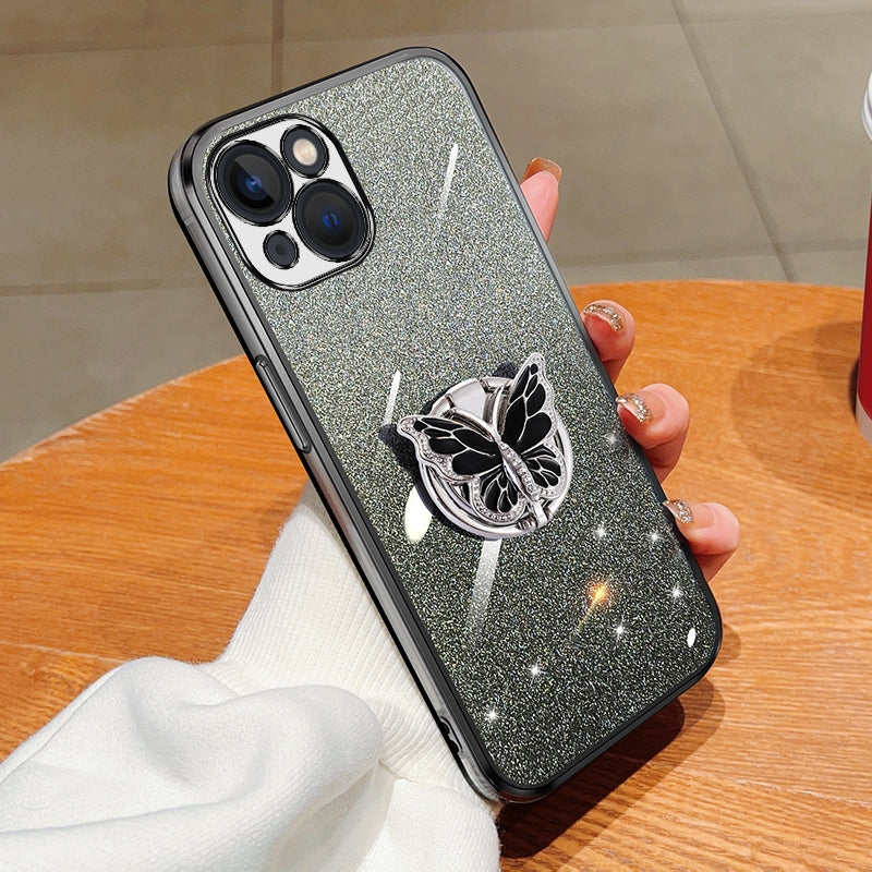 ELECTROPRIME For iPhone 15 Plated Gradient Glitter Butterfly Holder TPU Phone Case(Black)