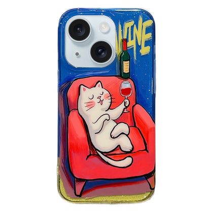 ELECTROPRIME For iPhone 15 Illustration Graffiti Cat Pattern Double Layer LMD Phone Case(Red Wine)