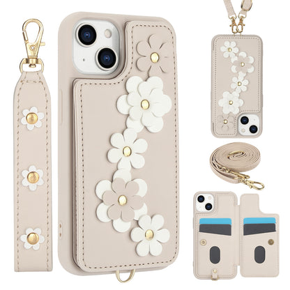 ELECTROPRIME For iPhone 15 Crossbody Flower Pattern Leather Phone Case(White)