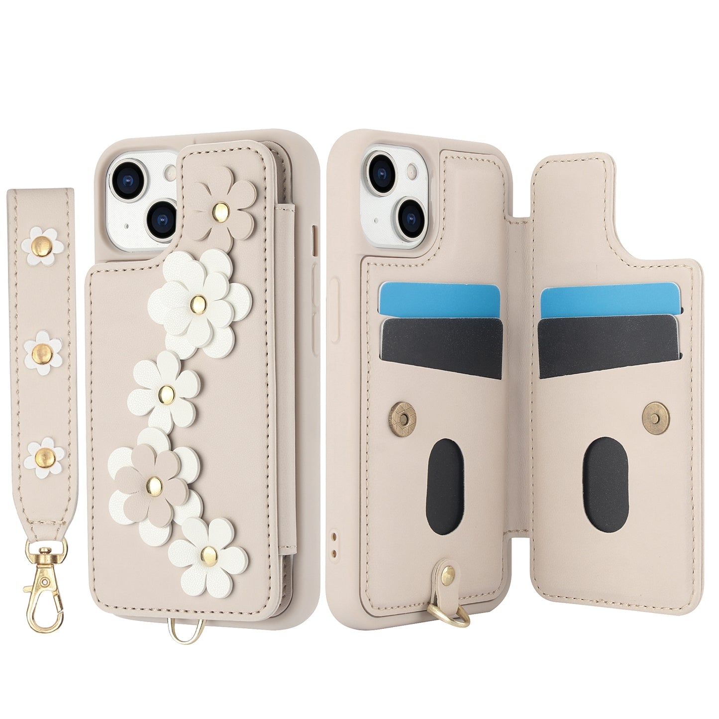 ELECTROPRIME For iPhone 15 Crossbody Flower Pattern Leather Phone Case(White)