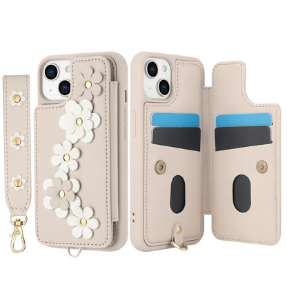 ELECTROPRIME For iPhone 15 Crossbody Flower Pattern Leather Phone Case(White)