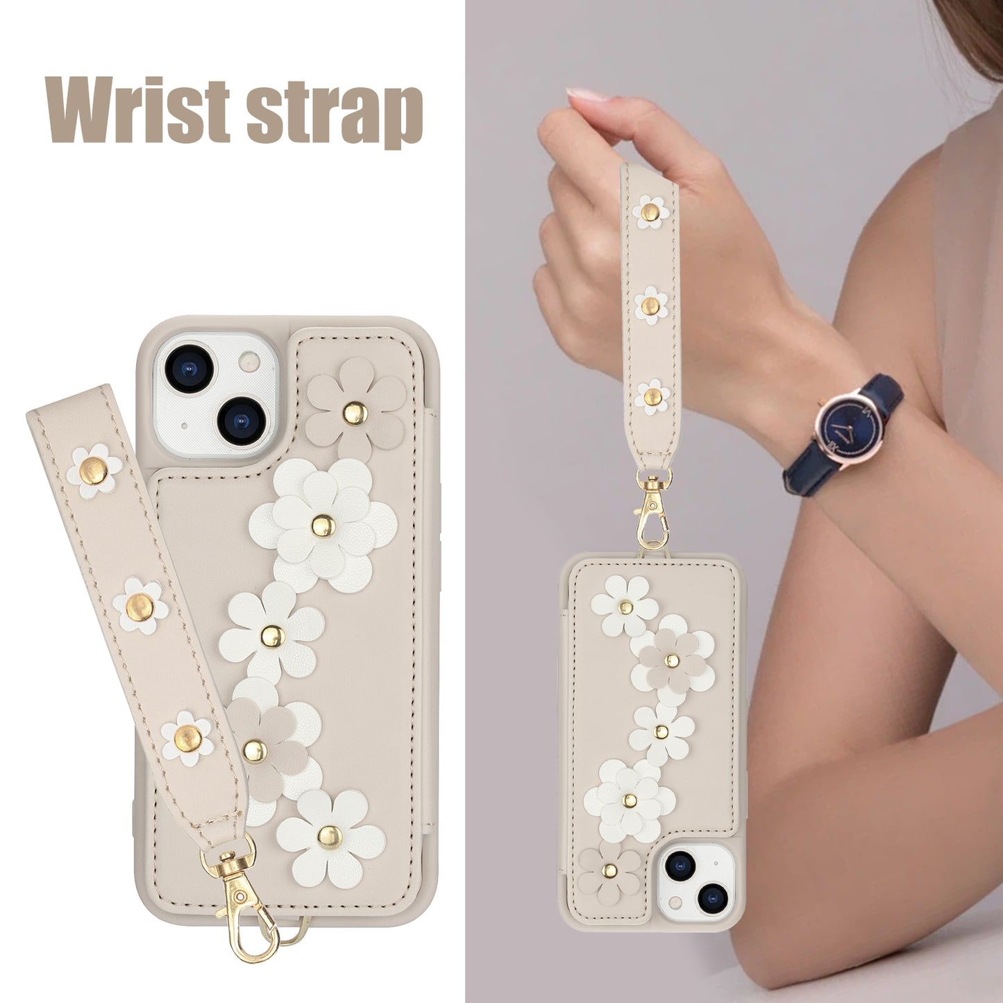 ELECTROPRIME For iPhone 15 Crossbody Flower Pattern Leather Phone Case(White)