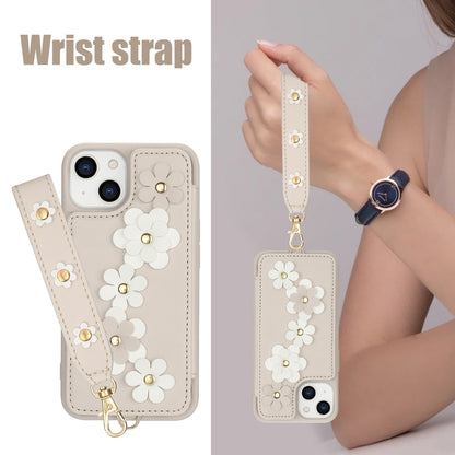 ELECTROPRIME For iPhone 15 Crossbody Flower Pattern Leather Phone Case(White)
