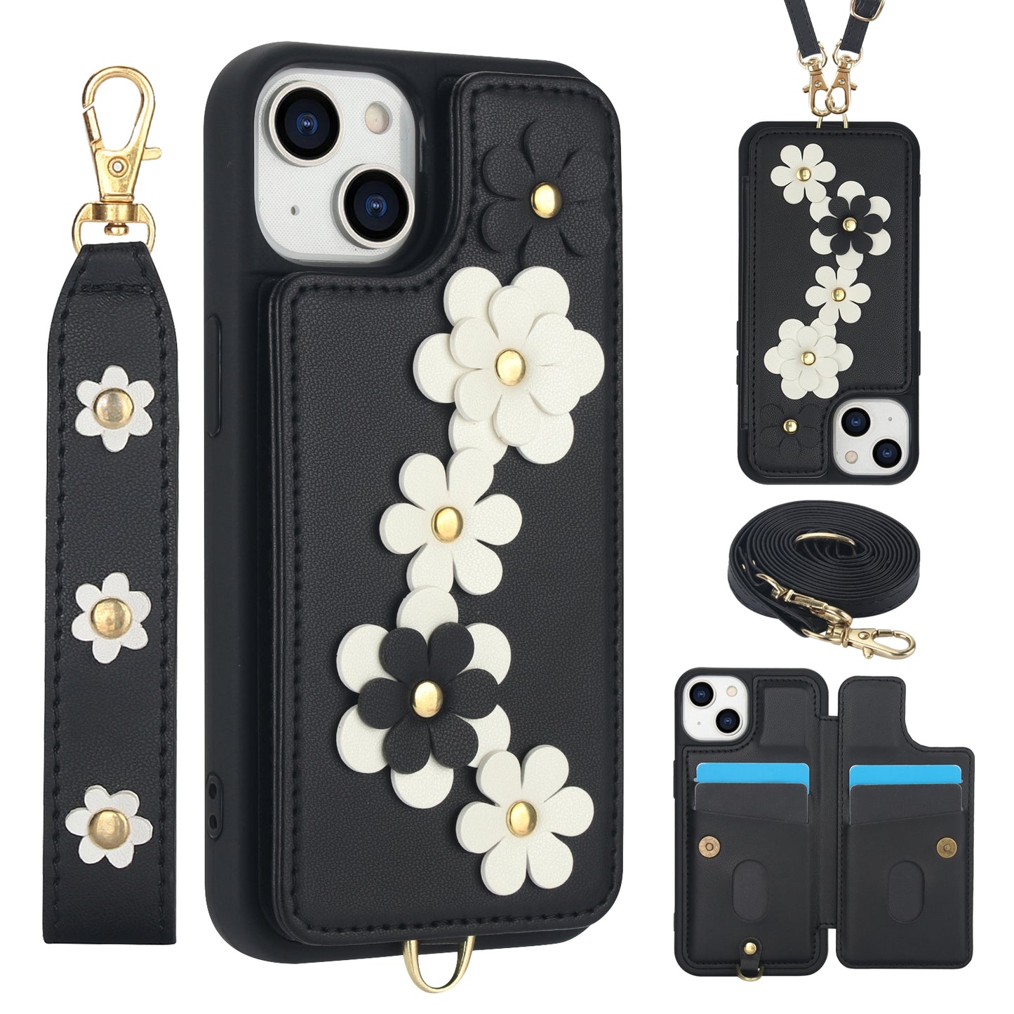 ELECTROPRIME For iPhone 15 Crossbody Flower Pattern Leather Phone Case(Black)