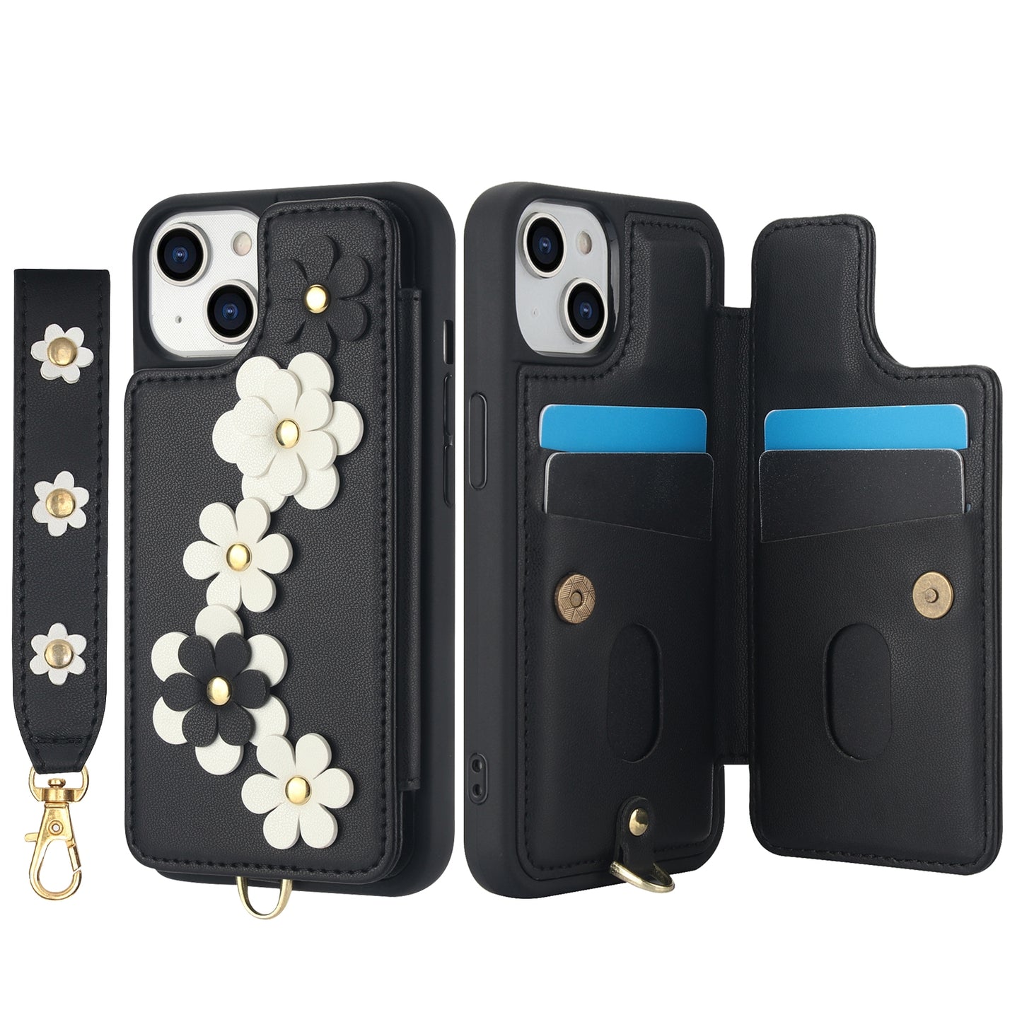 ELECTROPRIME For iPhone 15 Crossbody Flower Pattern Leather Phone Case(Black)