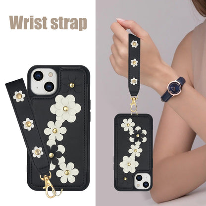 ELECTROPRIME For iPhone 15 Crossbody Flower Pattern Leather Phone Case(Black)