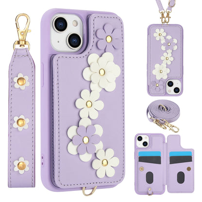 ELECTROPRIME For iPhone 15 Crossbody Flower Pattern Leather Phone Case(Purple)