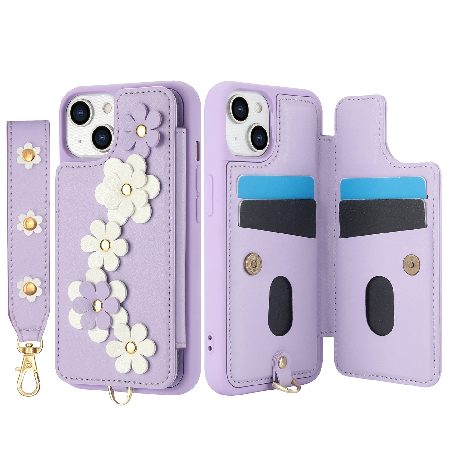 ELECTROPRIME For iPhone 15 Crossbody Flower Pattern Leather Phone Case(Purple)