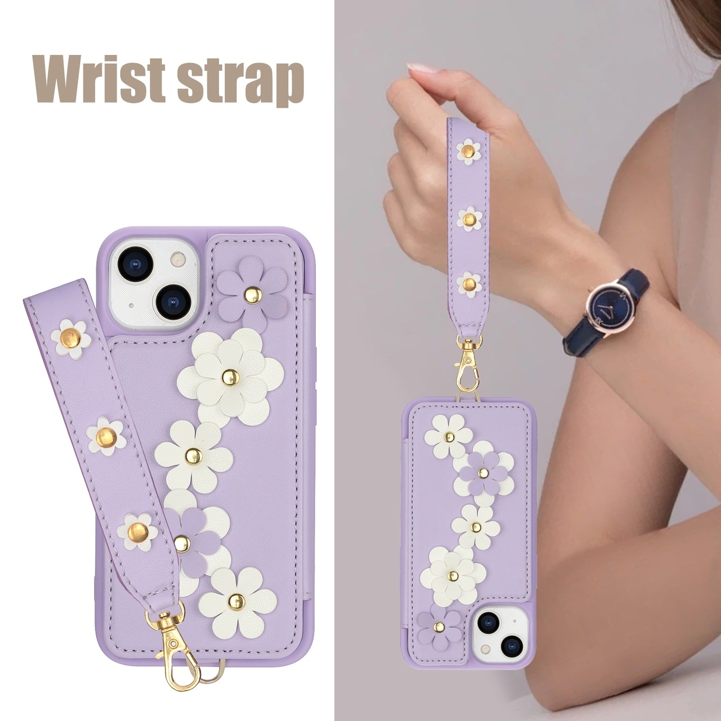 ELECTROPRIME For iPhone 15 Crossbody Flower Pattern Leather Phone Case(Purple)