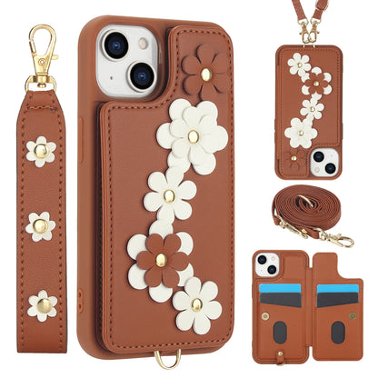 ELECTROPRIME For iPhone 15 Crossbody Flower Pattern Leather Phone Case(Brown)