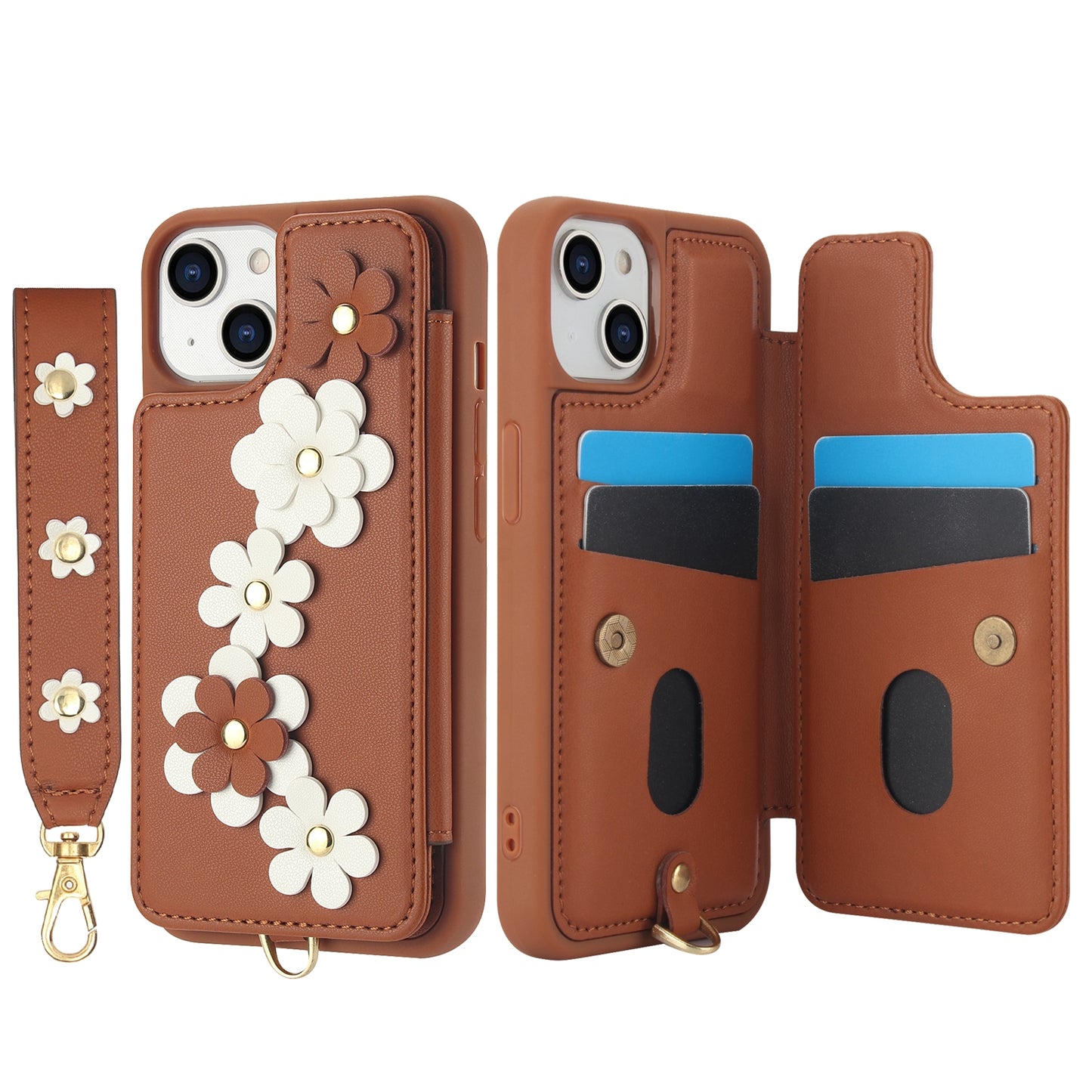 ELECTROPRIME For iPhone 15 Crossbody Flower Pattern Leather Phone Case(Brown)