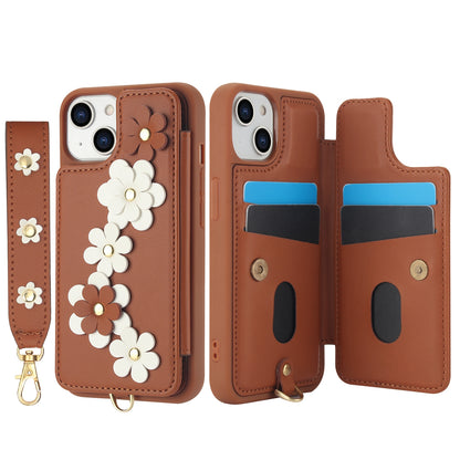 ELECTROPRIME For iPhone 15 Crossbody Flower Pattern Leather Phone Case(Brown)
