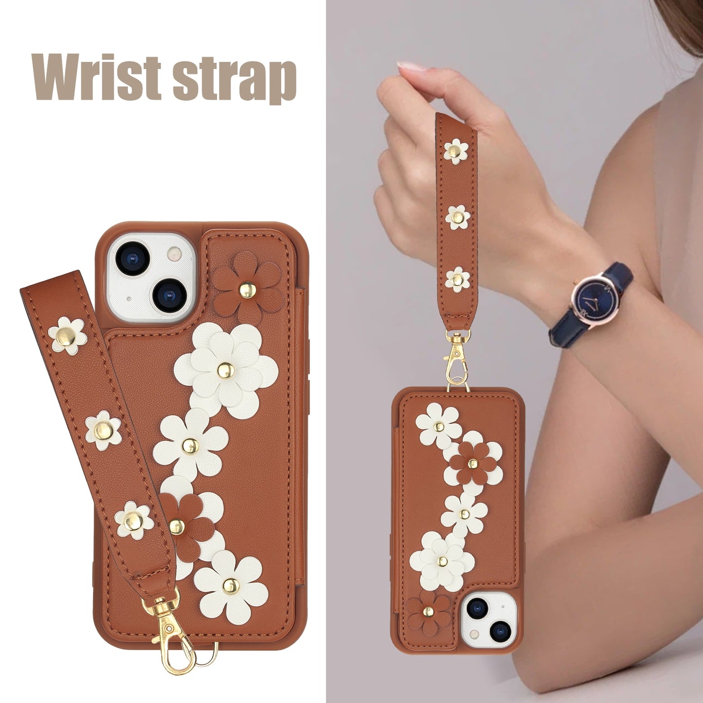 ELECTROPRIME For iPhone 15 Crossbody Flower Pattern Leather Phone Case(Brown)