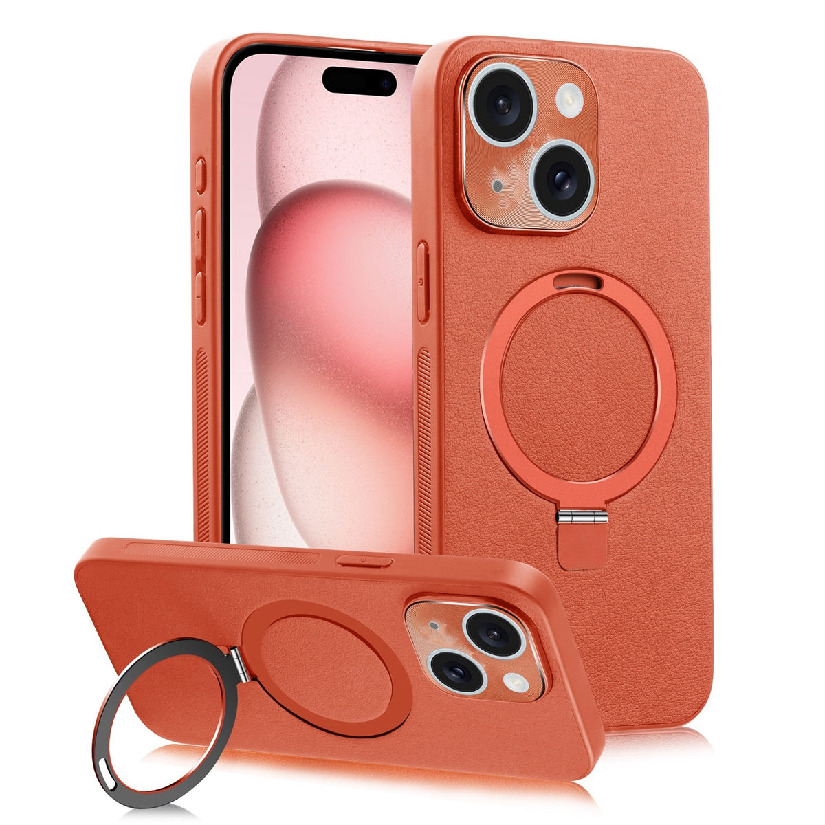 ELECTROPRIME For iPhone 15 Plus MagSafe Rotation Holder PC + Leather Phone Case(Orange)