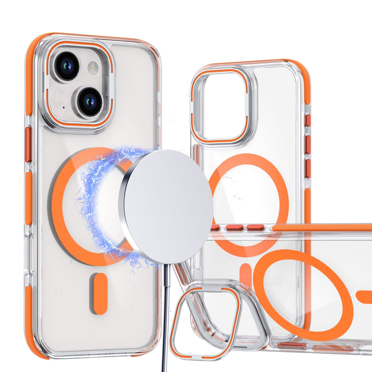 ELECTROPRIME For iPhone 15 Dual-Color Clear Acrylic Hybrid TPU Lens Flip Holder MagSafe Phone Case(Orange)
