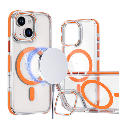 ELECTROPRIME For iPhone 15 Dual-Color Clear Acrylic Hybrid TPU Lens Flip Holder MagSafe Phone Case(Orange)
