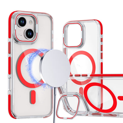 ELECTROPRIME For iPhone 15 Dual-Color Clear Acrylic Hybrid TPU Lens Flip Holder MagSafe Phone Case(Red)