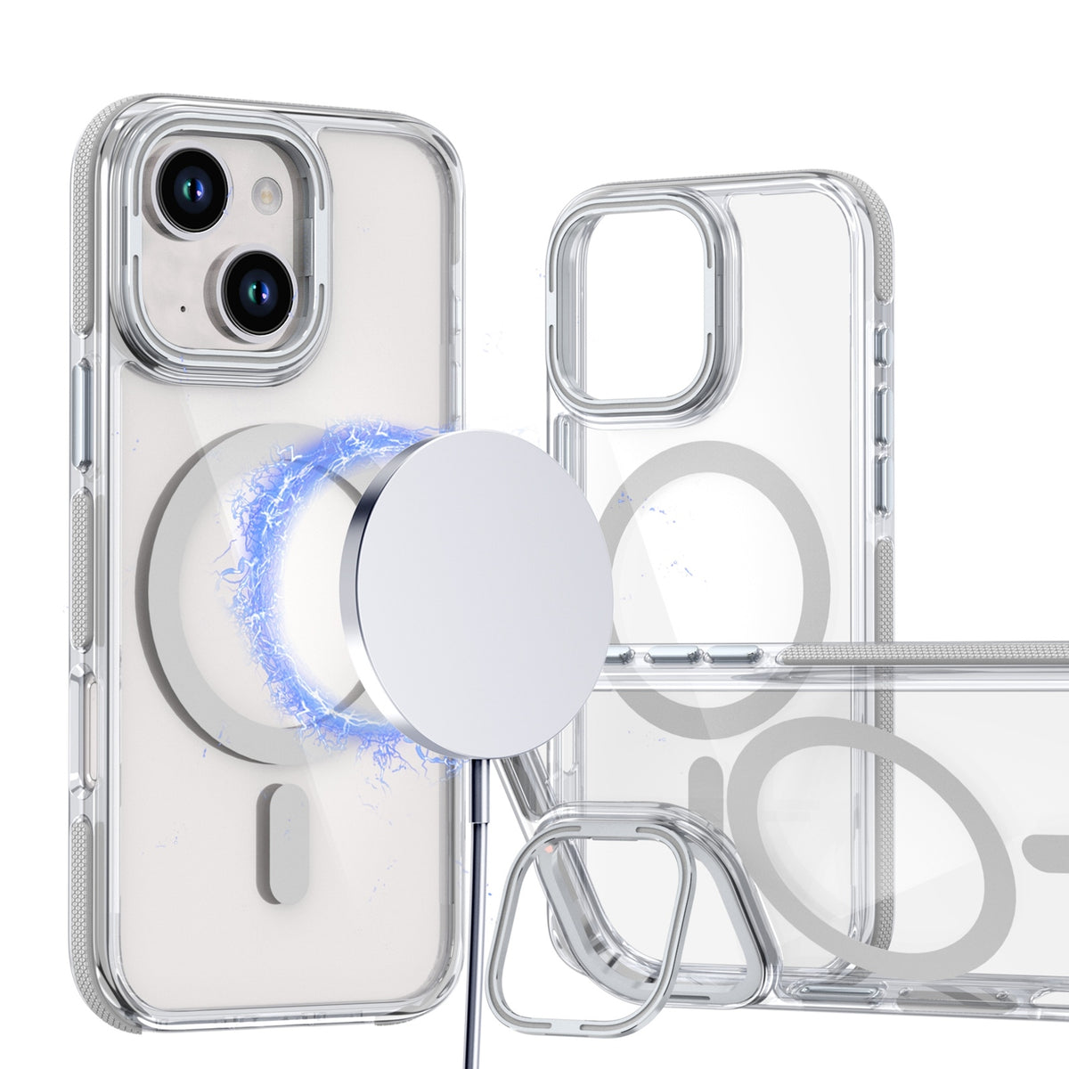 ELECTROPRIME For iPhone 15 Dual-Color Clear Acrylic Hybrid TPU Lens Flip Holder MagSafe Phone Case(Grey)