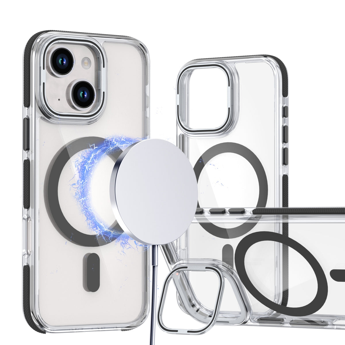 ELECTROPRIME For iPhone 15 Dual-Color Clear Acrylic Hybrid TPU Lens Flip Holder MagSafe Phone Case(Black)