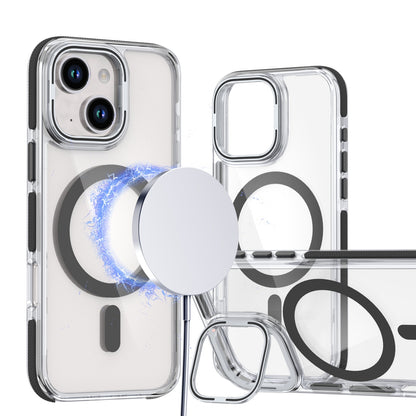 ELECTROPRIME For iPhone 15 Dual-Color Clear Acrylic Hybrid TPU Lens Flip Holder MagSafe Phone Case(Black)
