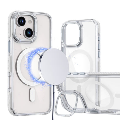 ELECTROPRIME For iPhone 15 Dual-Color Clear Acrylic Hybrid TPU Lens Flip Holder MagSafe Phone Case(White)
