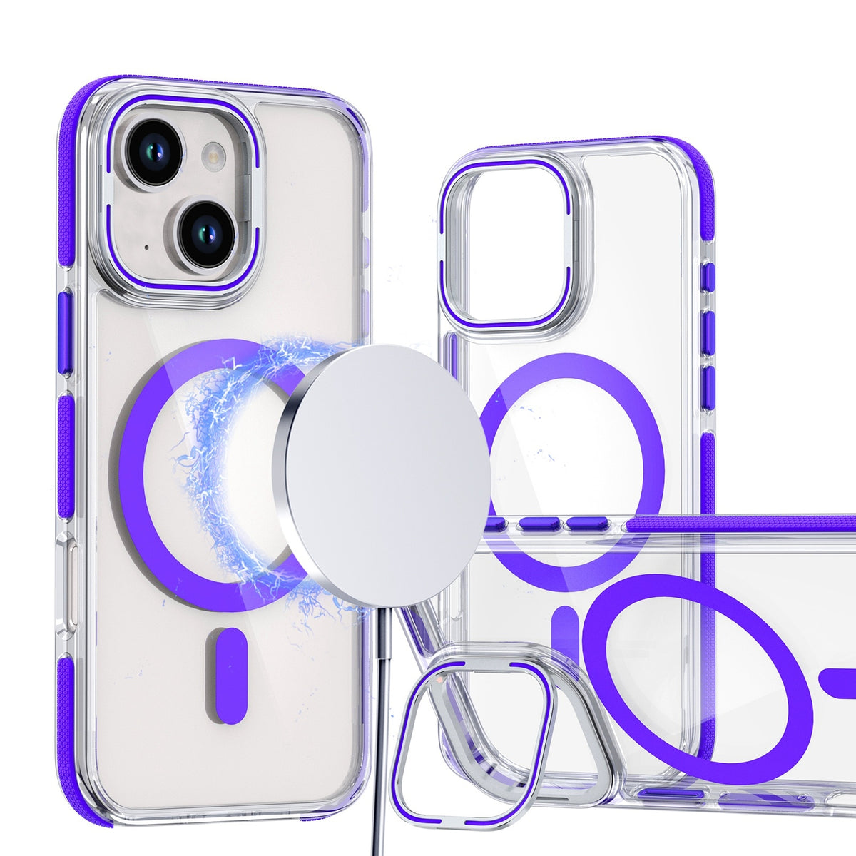ELECTROPRIME For iPhone 15 Dual-Color Clear Acrylic Hybrid TPU Lens Flip Holder MagSafe Phone Case(Purple)