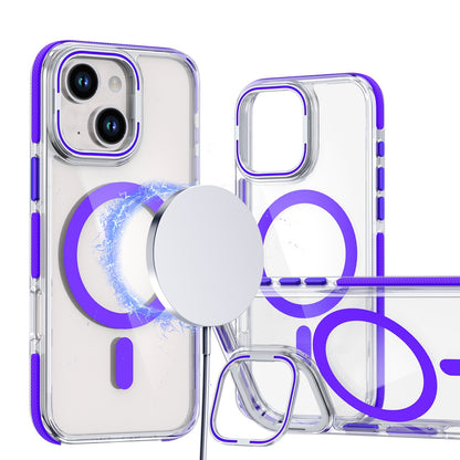 ELECTROPRIME For iPhone 15 Dual-Color Clear Acrylic Hybrid TPU Lens Flip Holder MagSafe Phone Case(Purple)