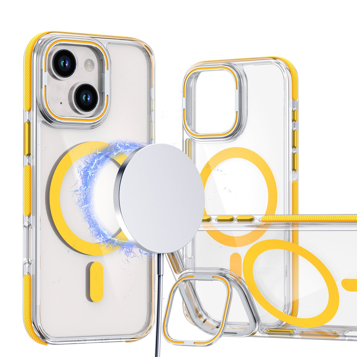 ELECTROPRIME For iPhone 15 Dual-Color Clear Acrylic Hybrid TPU Lens Flip Holder MagSafe Phone Case(Yellow)
