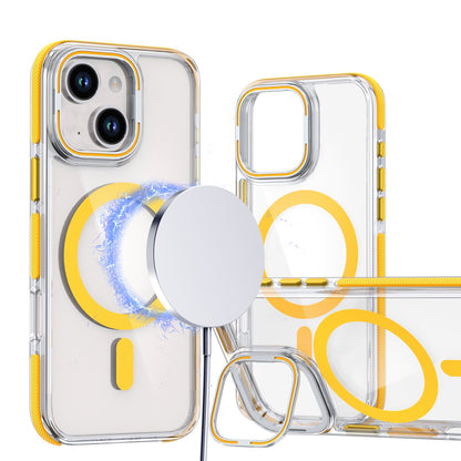 ELECTROPRIME For iPhone 15 Dual-Color Clear Acrylic Hybrid TPU Lens Flip Holder MagSafe Phone Case(Yellow)