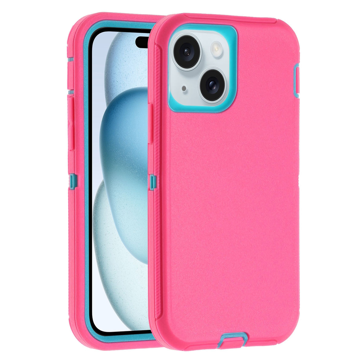ELECTROPRIME For iPhone 15 Plus Robot Three-proof Life Waterproof Phone Case with Holder(Rose Red + Blue)
