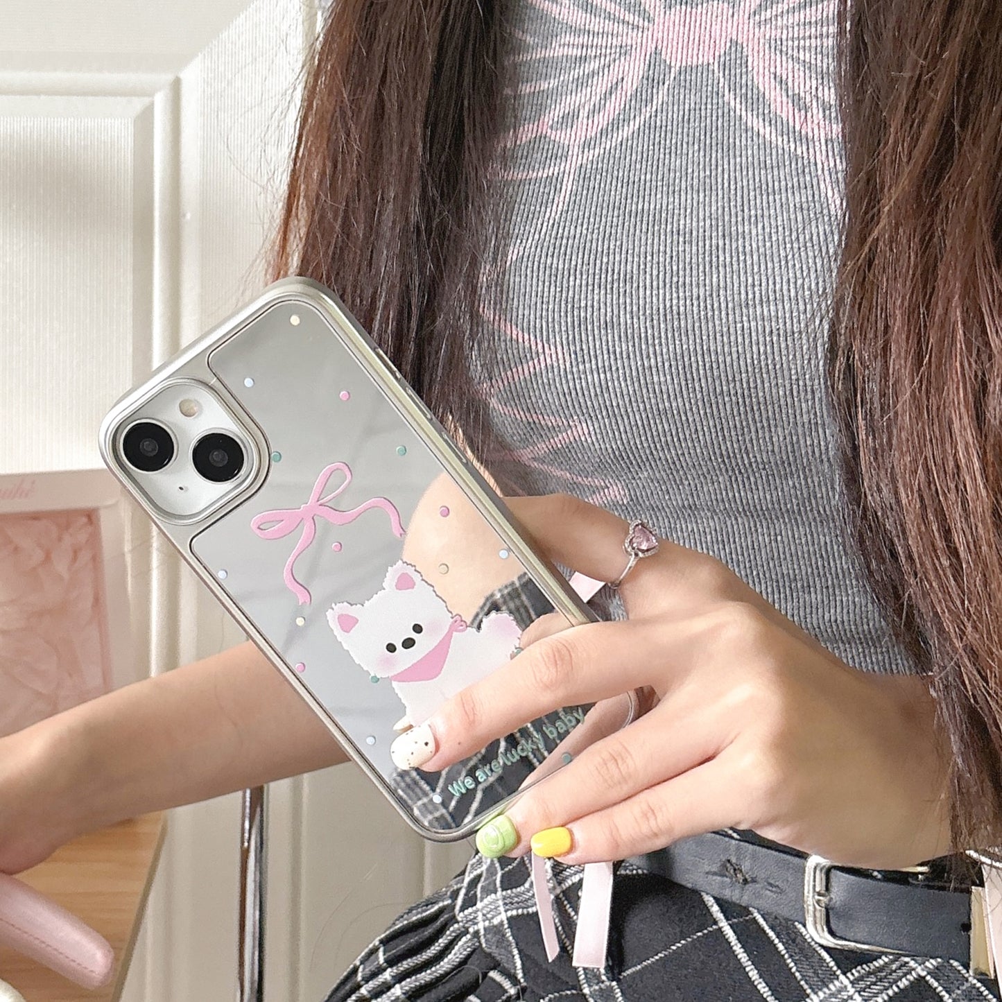 ELECTROPRIME For iPhone 15 Mirror Puppy Pattern TPU + PC Phone Case(Teddy)