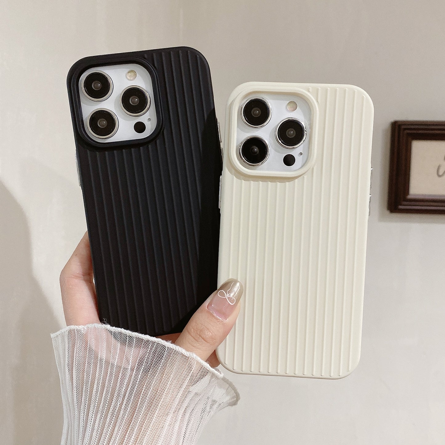 ELECTROPRIME For iPhone 15 Macaroon Tile Stripe TPU Hybrid PC Phone Case(Black)