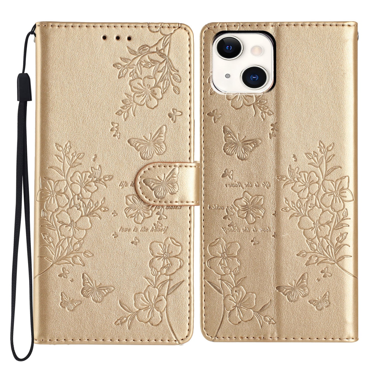 ELECTROPRIME For iPhone 15 Butterflies and Flowers Leather Phone Case(Gold)