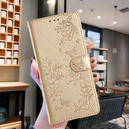 ELECTROPRIME For iPhone 15 Butterflies and Flowers Leather Phone Case(Gold)