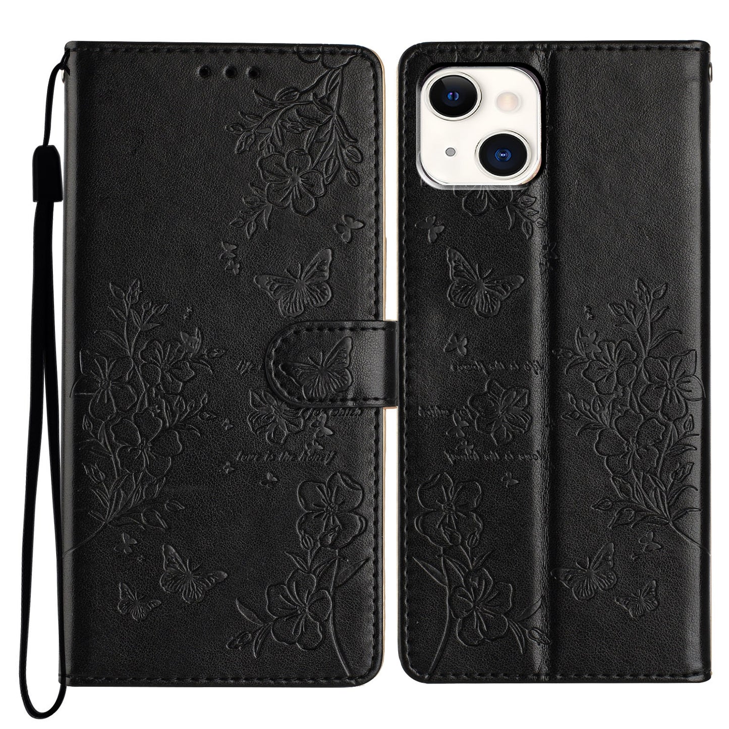 ELECTROPRIME For iPhone 15 Butterflies and Flowers Leather Phone Case(Black)