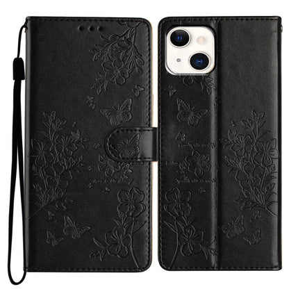 ELECTROPRIME For iPhone 15 Butterflies and Flowers Leather Phone Case(Black)