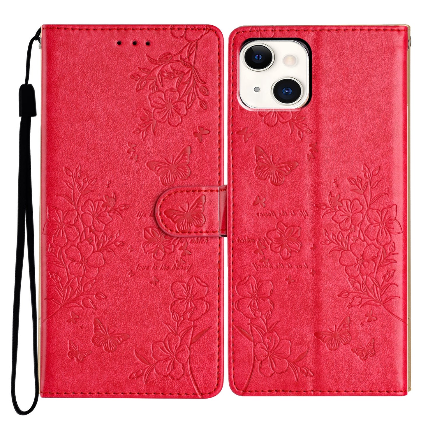 ELECTROPRIME For iPhone 15 Butterflies and Flowers Leather Phone Case(Red)