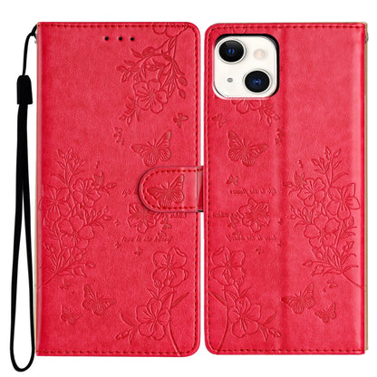 ELECTROPRIME For iPhone 15 Butterflies and Flowers Leather Phone Case(Red)